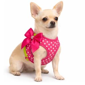 Pink Polka-Dot Small Dog Harness Soft Lining W/ Bow Walking Pets Puppy